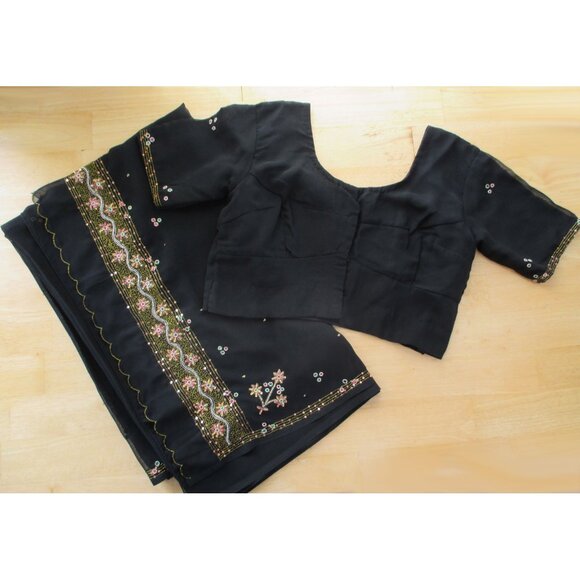 Indian Saree Black Chiffon with Choli Blouse Kundan Beaded Stone Work Vintage - Picture 11 of 11